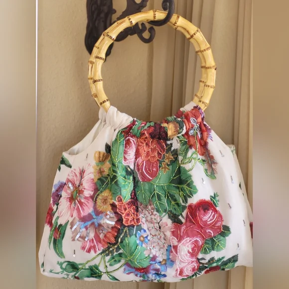 Christiana Rayon Floral Beaded Tote With 2 Bamboo Top Handles Large - Picture 3 of 14